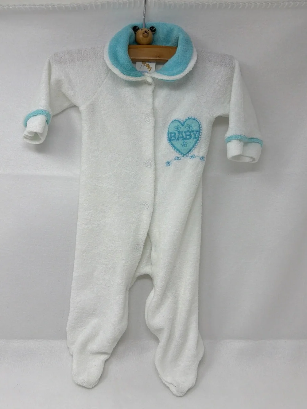 Vintage Infant Terry Footed Sleep Suit in White with Blue Trim Size Newborn